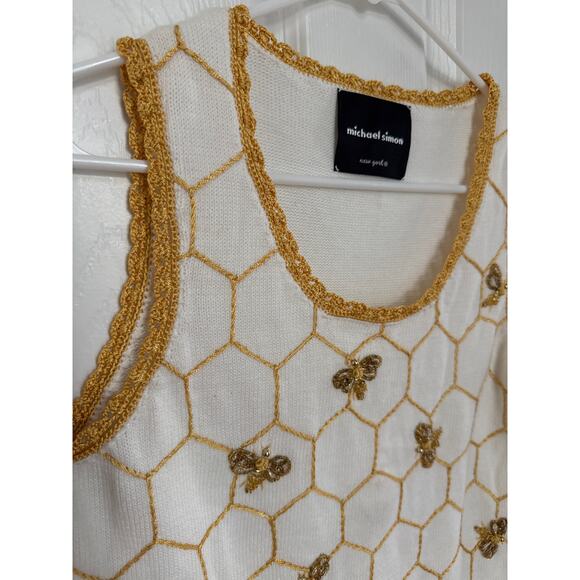 Y2K Michael Simon Knit crochet Bumblebee beaded Vest white gold yellow S/M - Picture 5 of 12